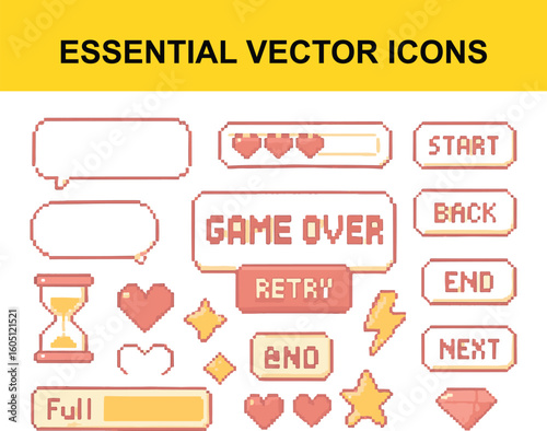 Pixel art game interface elements with hearts and buttons
