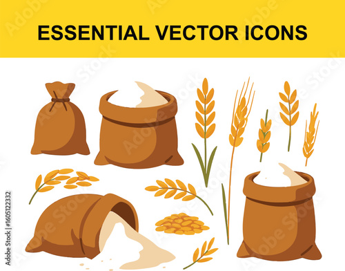 Wheat grain and flour sacks vector icons