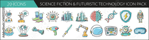 Science Fiction and Futuristic Technology Doodle Icon Set - Creative hand-drawn icon pack featuring robots, space tech, lasers, and futuristic gadgets—perfect for sci-fi content, games, and tech 
