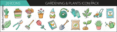 Gardening and Plants Doodle Icon Set - Charming hand-drawn icon pack featuring plants, tools, and garden supplies—perfect for gardening blogs, eco-living, and botanical content.
