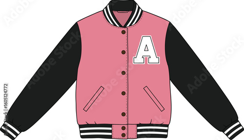 Pink and black varsity jacket vector illustration. Technical flat sketch of a letterman bomber with an A patch for college apparel and fashion design.