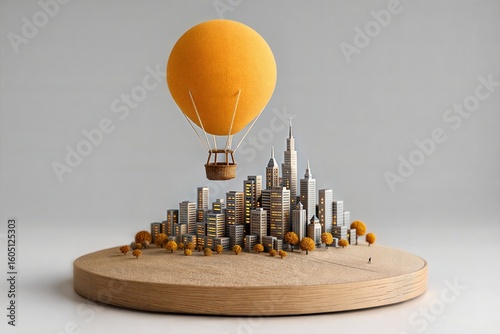 Futuristic island city diorama with hot air balloon