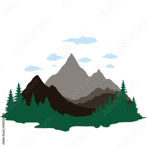 Vector postcard templates for nature lovers, Mountain landscape with trees and clouds on transparent background for design concept