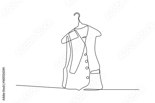 Line art drawing of a waistcoat on a hanger Minimalist design with buttons Clean lines