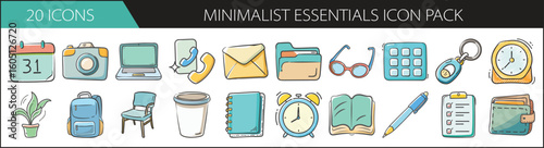Minimalist Essentials Doodle Icon Set - Clean hand-drawn icon pack featuring everyday objects and organizational tools—ideal for planners, lifestyle content, and minimalist design themes.
