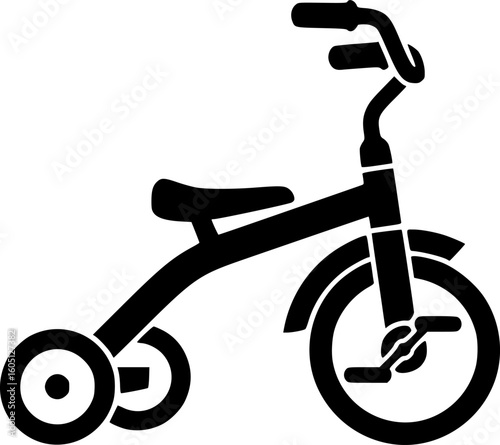 A simple black silhouette of a classic children's tricycle toy