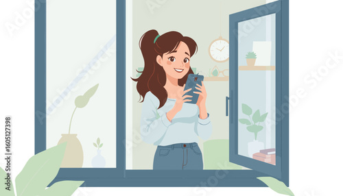 Cheerful girl using smartphone by the window at home in a cozy interior illustration