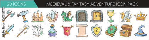 Medieval and Fantasy Adventure Doodle Icon Set - Hand-drawn icon pack featuring swords, castles, dragons, and magical relics—perfect for RPG games, fantasy stories, and medieval-themed content.
