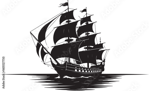 Black sailing ship on water black and white ocean
