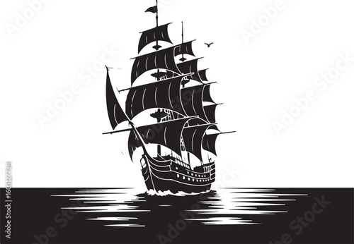 Black sailing ship on water with bird black and white ocean