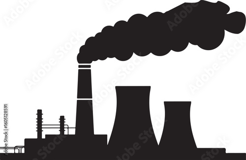 Industrial factory with smoke stacks and cooling towers pollution power plant
