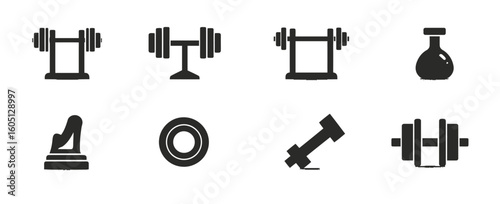 A set of sixteen black and white vector icons depicting fitness and exercise related equipment and objects