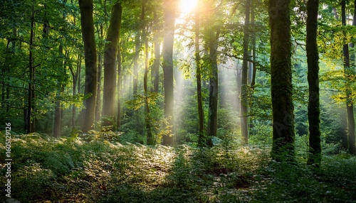 Wallpaper Mural mindfulness concept sunlight filters through a dense forest canopy creating a serene and mystical atmosphere Torontodigital.ca