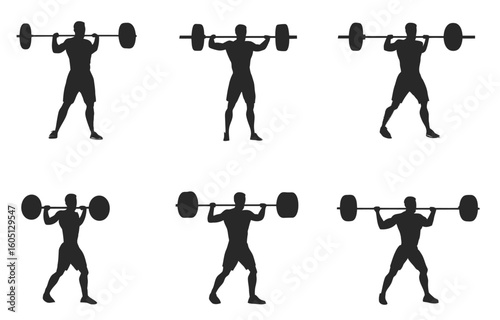 Eight images showing a man lifting a barbell in different positions on a white background