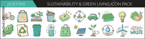 Sustainability and Green Living Doodle Icon Set - Eco-friendly hand-drawn icon pack featuring recycling, renewable energy, and green habits—perfect for environmental campaigns, blogs, and zero-waste 
