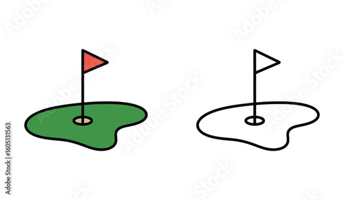 Golf Course Green with Flag Illustration and Black and White Outline Version Side by Side
