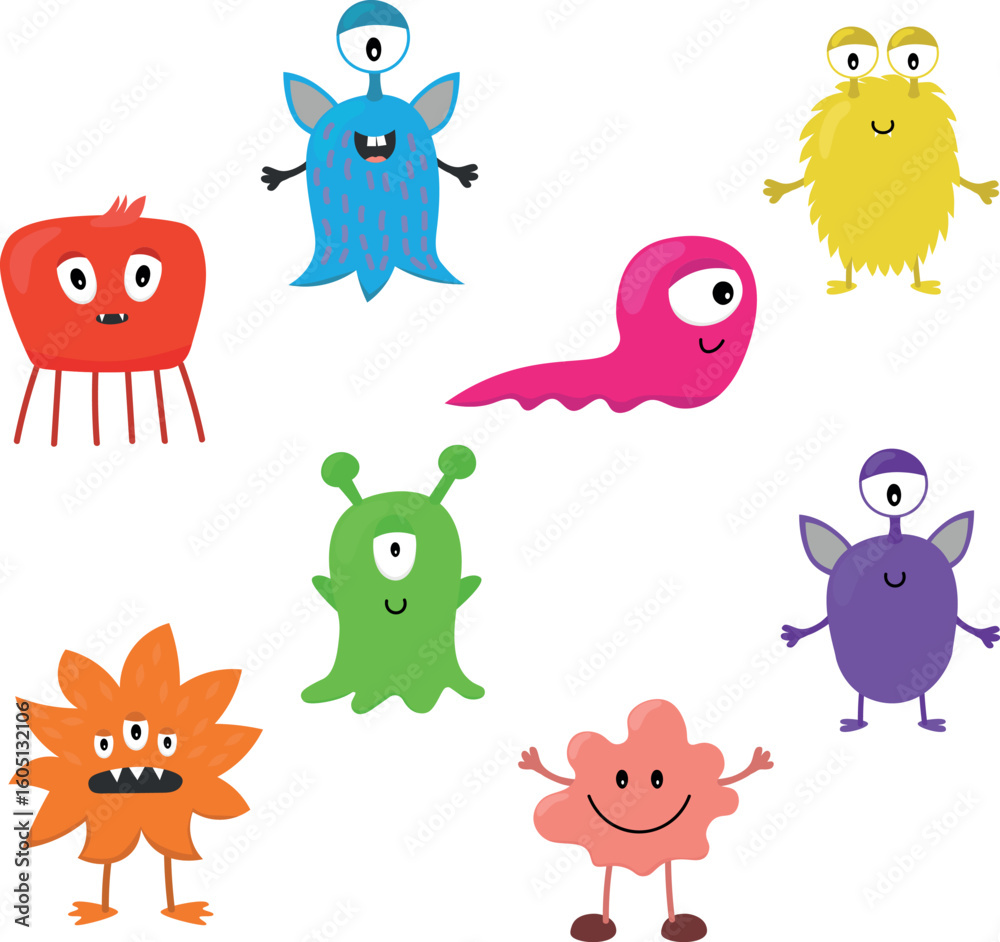 Naklejka premium Cute cartoon set of monsters. Funny aliens in childish style isolated on white background. Vector flat design illustration.