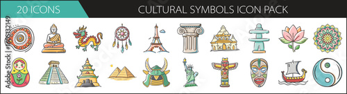 Cultural Symbols and Heritage Doodle Icon Set - Hand-drawn icon pack representing global culture, tradition, architecture, and spirituality—ideal for educational, travel, and heritage-themed content.
