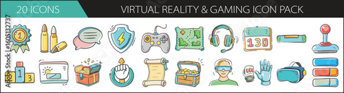 Virtual Reality and Gaming Doodle Icon Set - Hand-drawn icon pack featuring VR headsets, game controllers, avatars, and achievement elements—perfect for gaming apps, esports, and digital worlds.
