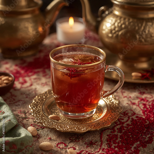 Steaming Kashmiri kahwa in antique glass with saffron and almond garnish, served on pashmina coaster. Warm light, royal styling, perfect for luxury tea menus and regal brand visuals.