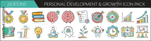 Personal Development and Growth Doodle Icon Set - Hand-drawn icon pack illustrating learning, goal-setting, mindfulness, and self-improvement—ideal for coaching, productivity, and motivational conten
