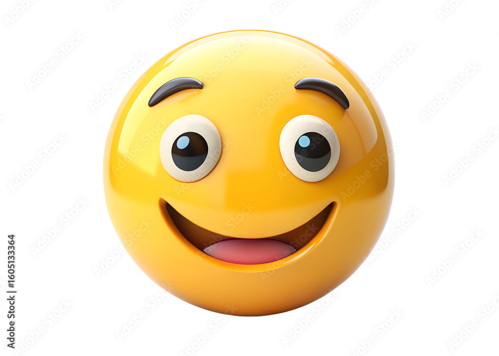 Fototapeta premium A happy yellow emoji face with wide eyes and a big smile, isolated on a transparent background