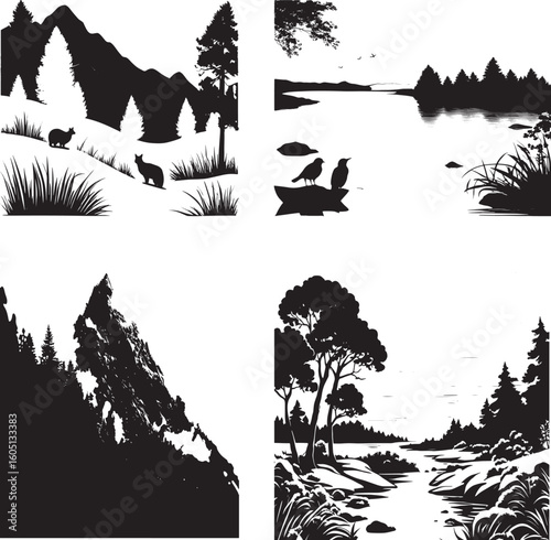 Four Black and White Nature Silhouettes, Ideal for Wall Art or Crafts