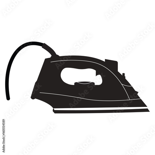 Iron silhouette vector icon. Black illustration of a household electric iron, isolated on a white background. Symbol for laundry, ironing, and domestic chores.