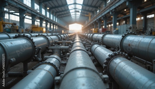 Industrial Pipelines in Symmetrical Style in Steel Blue and Gray Tones Representing Infrastructure and Heavy Engineering Inside a Modern Factory
