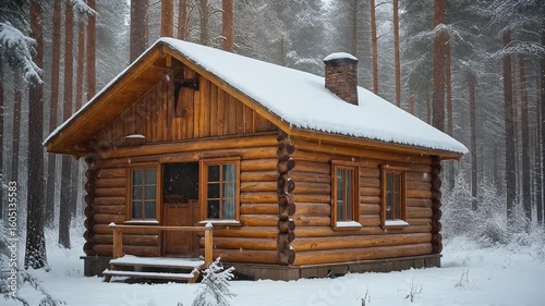 Cozy scene of a quiet wooden cabin in a pine forest with slow snowfall accumulating on the roof and windowsills. Winter serenity.
