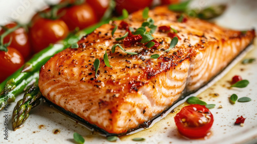 A close up shot of a grilled salmon fillet served with asparagus and cherry tomatoes on a plate