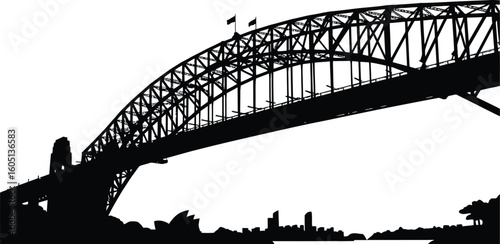 High-Definition Solid Black Silhouette of Sydney Harbour Bridge close upblack and white with white background