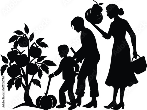 family picking pumpkins silhouette,kids choosing pumpkin from patch silhouette