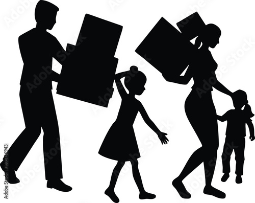 family struggling with moving boxes silhouette,family lifting heavy boxes silhouette