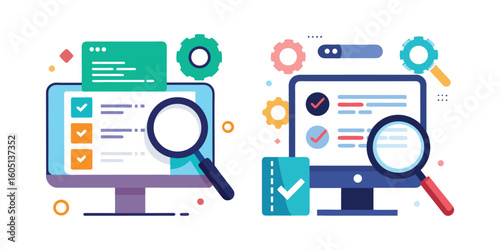 Developer debugging code with magnifying glass, software programmer analyzing bugs, coding inspection concept, software development, tech illustration, programming vector art