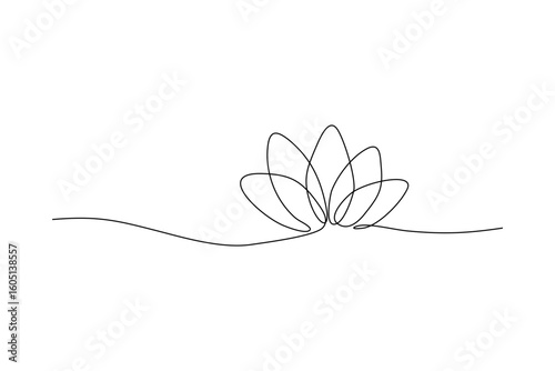 Simple, elegant, continuous line drawing of a lotus flower Clean design against a white backdrop
