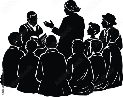 group listening to elder story silhouette,kids gathered around elder silhouette
