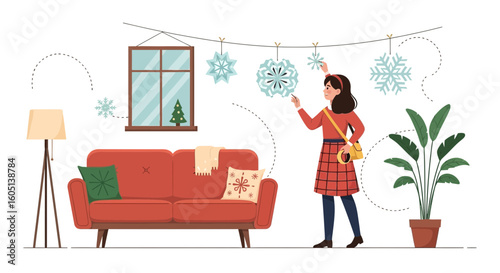Festive Home Decoration Young Woman Hanging Holiday Ornaments At Home