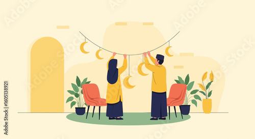 Family Preparing For Ramadan By Decorating Home With Festive Lights