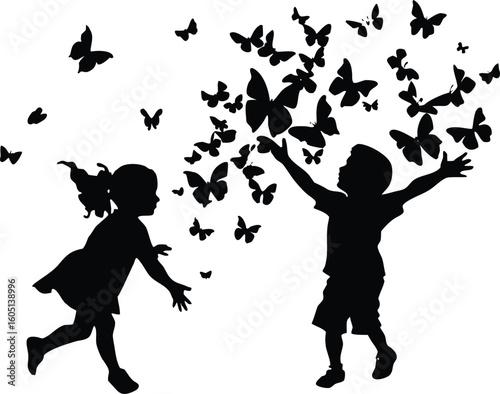kids chasing butterflies silhouette,children reaching for butterflies silhouette