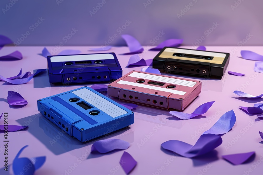 Obraz premium Colorful retro cassette tapes with purple petals on glossy surface