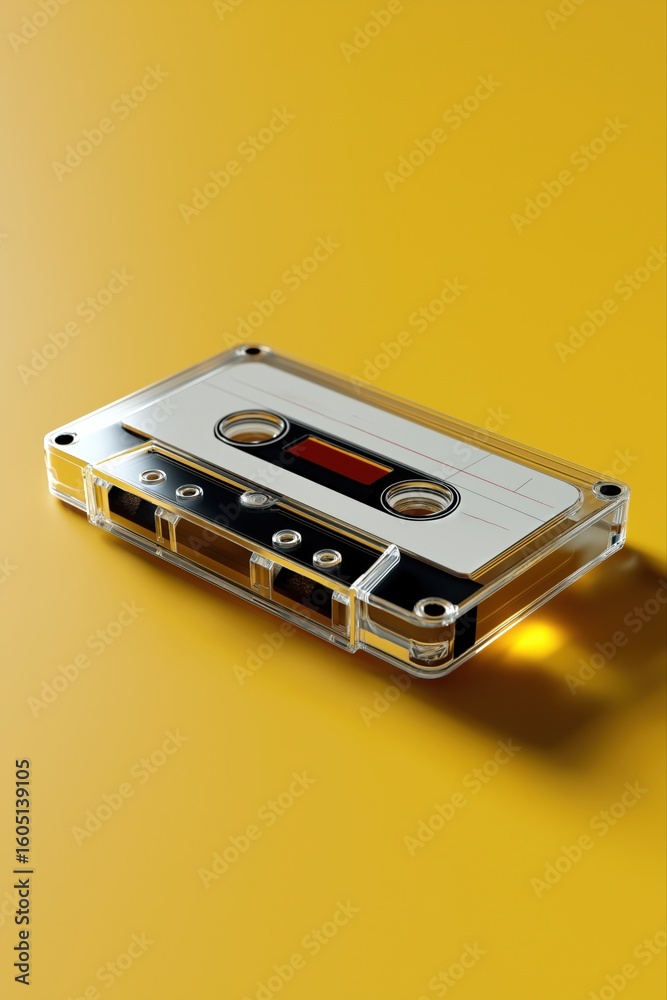 Fototapeta premium Vintage audio cassette on yellow background reflecting retro music era