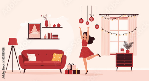 Festive Joyful Scene With a Woman Celebrating Christmas At Home