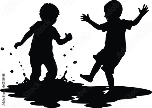 kids splashing in puddles silhouette,children stomping puddles silhouette