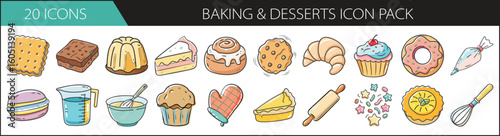 Baking and Desserts Doodle Icon Set - Sweet hand-drawn icon pack featuring cakes, pastries, cookies, and baking tools—perfect for recipe blogs, dessert shops, and culinary content.