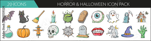 Horror and Halloween Doodle Icon Set - Spooky hand-drawn icon pack featuring classic Halloween and horror elements like ghosts, pumpkins, witches, and monsters—perfect for seasonal designs.
