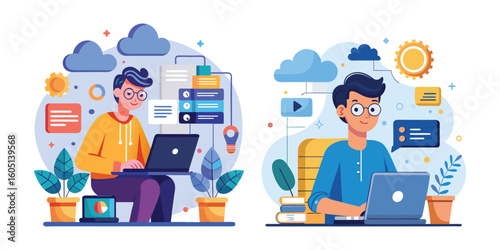 Developer coding on cloud computing project, cloud technology programming, software engineer working remotely, cloud infrastructure development, modern tech workspace, IT professional coding vector