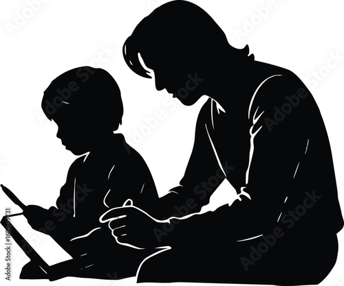 parent and child sketching silhouette,family drawing on sketchpad silhouette