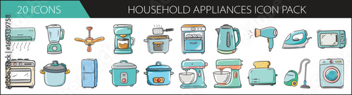 Household Appliances Doodle Icon Set for Home Use - Hand-drawn icon pack featuring everyday kitchen and cleaning appliances—ideal for home organization, appliance stores, and domestic lifestyle conten