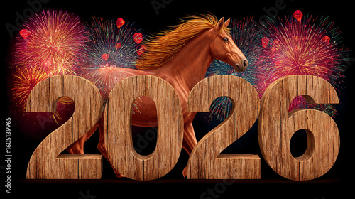 wooden numbers 2026 with chinese new year symbol red horse with fireworks for holiday